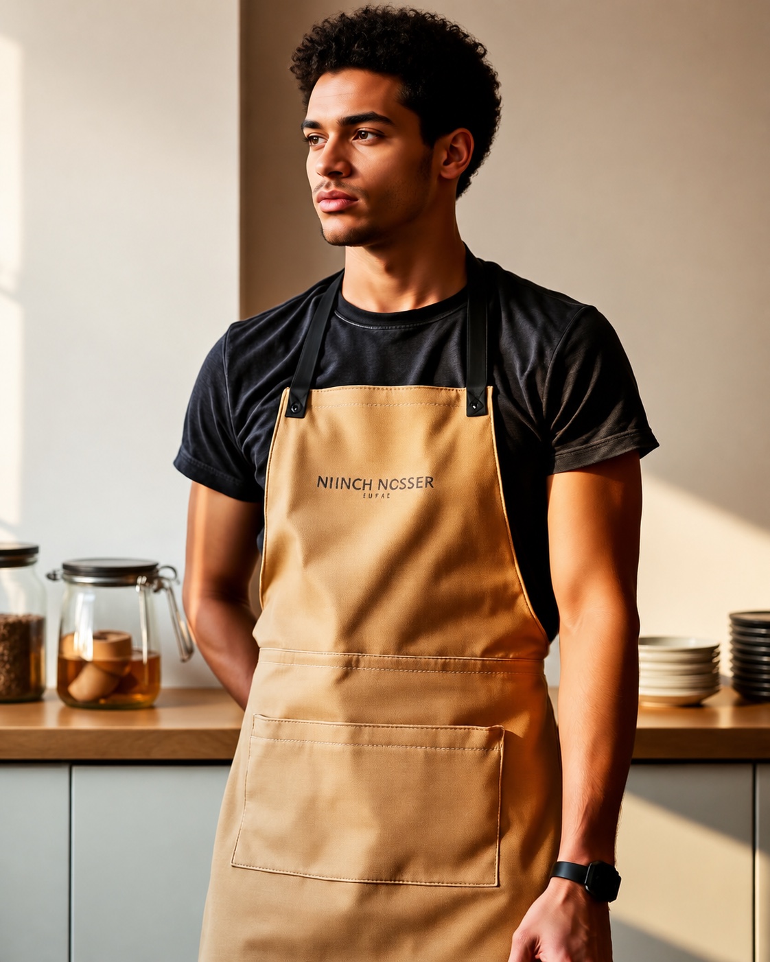 Barista wearing a custom canvas apron with embroidered café logo