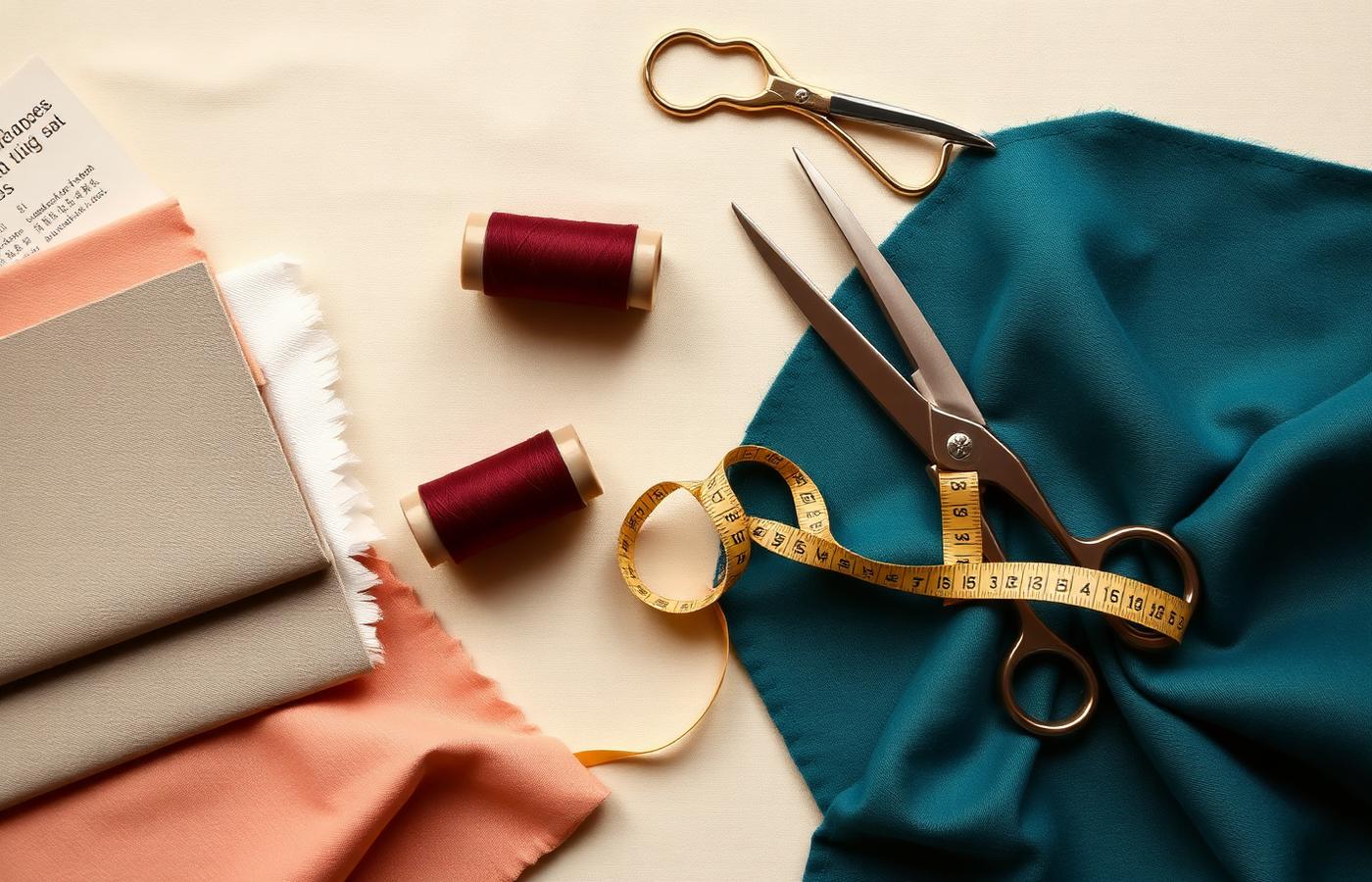 Fabric swatches, thread spools, scissors and measuring tape on a workbench