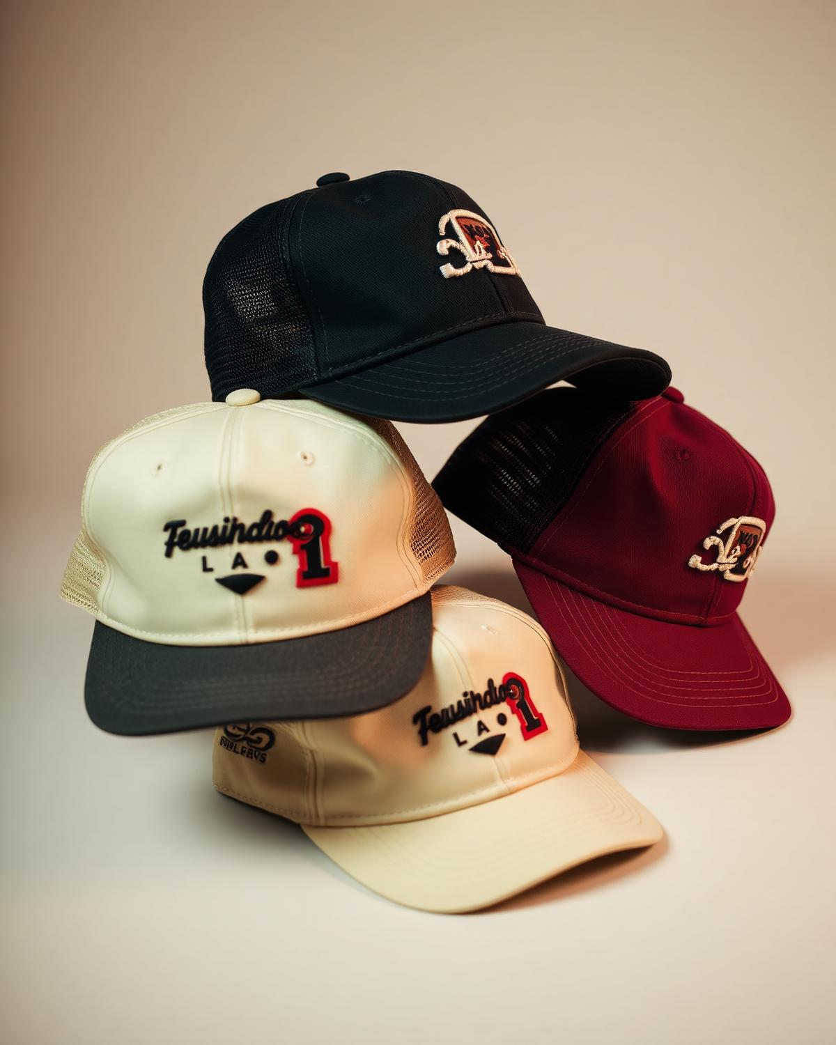 Stack of custom embroidered caps in burgundy, charcoal and ivory