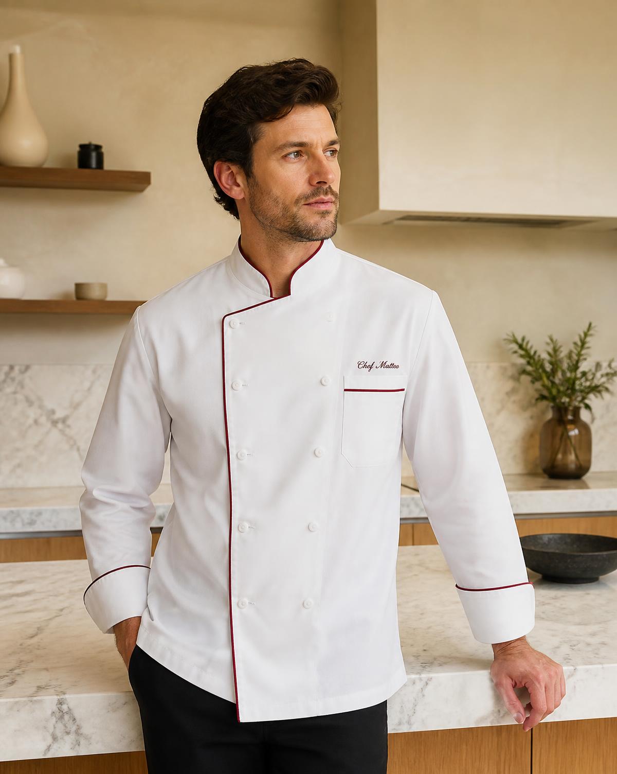 Chef in a tailored double-breasted white coat with burgundy piping