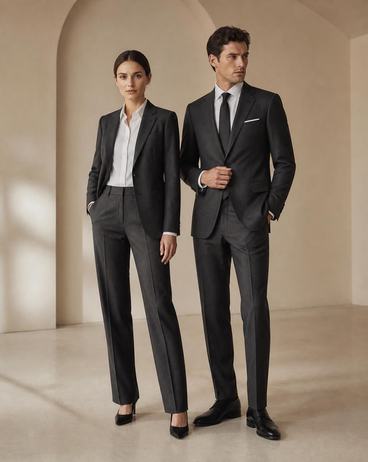Two professionals wearing bespoke charcoal tailored suits